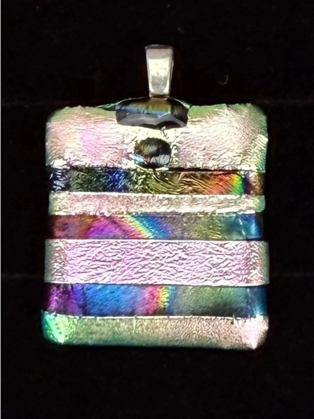 Vintage black multi colored reflective glass pendant + free 16” cord necklace